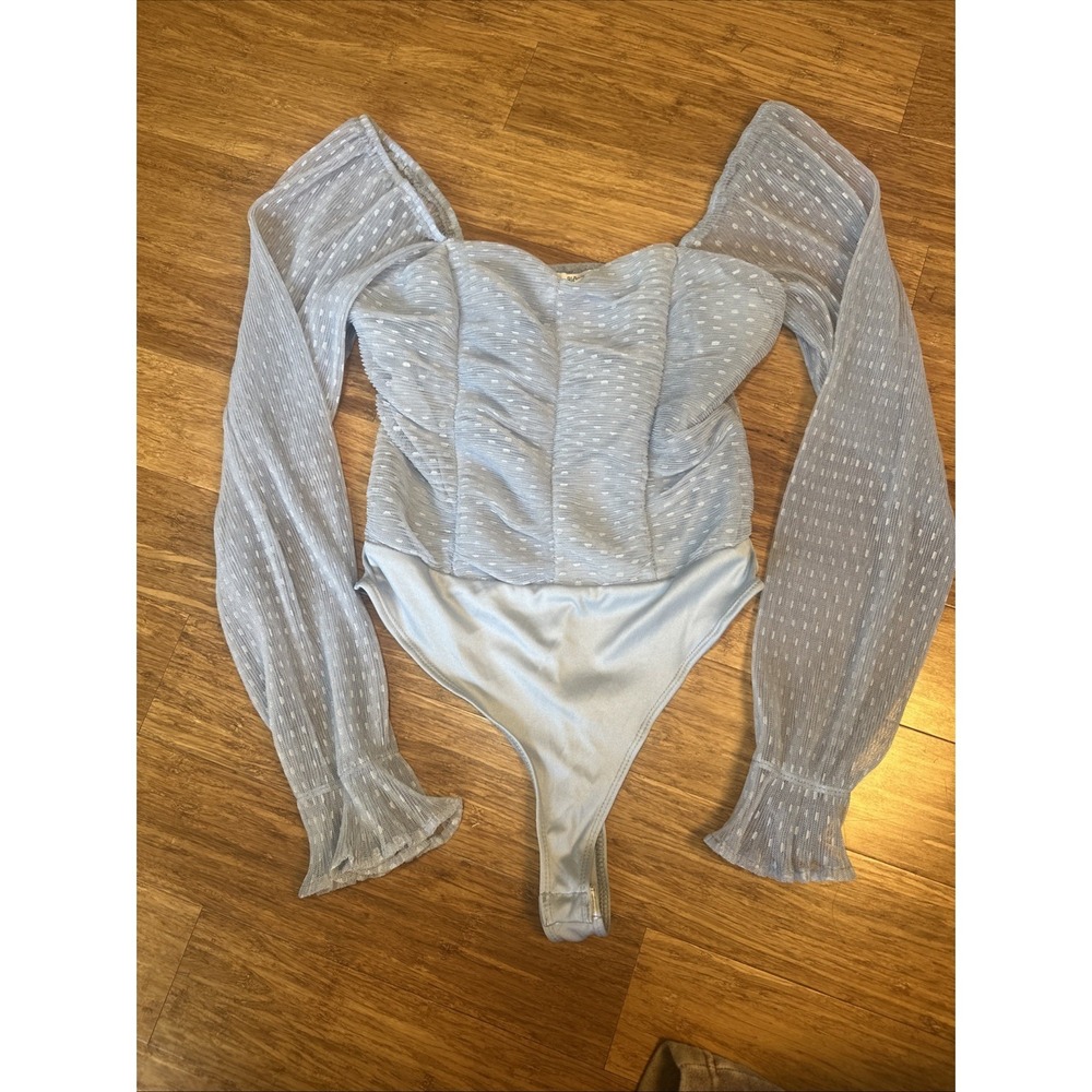 Blashe Sheer Bodysuit Top Light Blue Thong Peasant Coquette Castle Renaissance